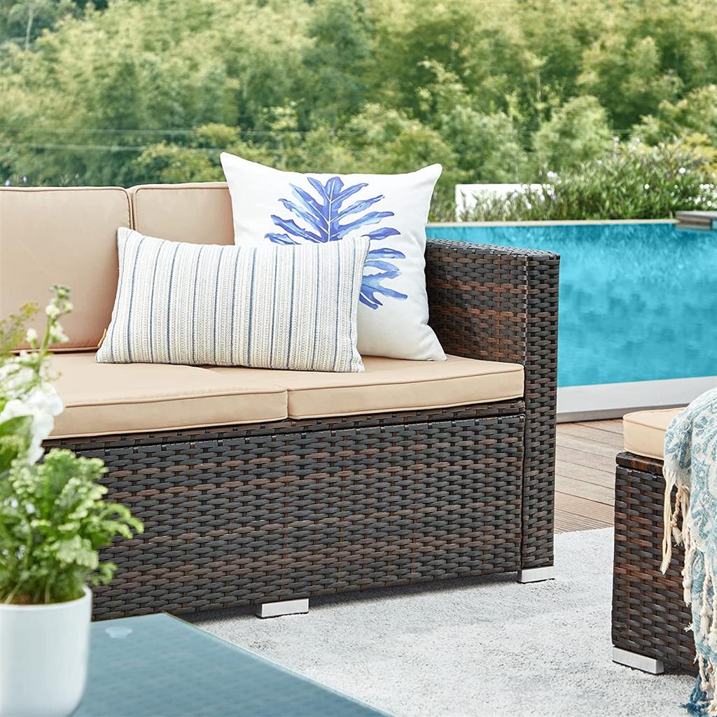 Garden Furniture Set – PE Rattan – Black and Beige – 5-Piece Patio Conversation Set with Cushions and Glass Table