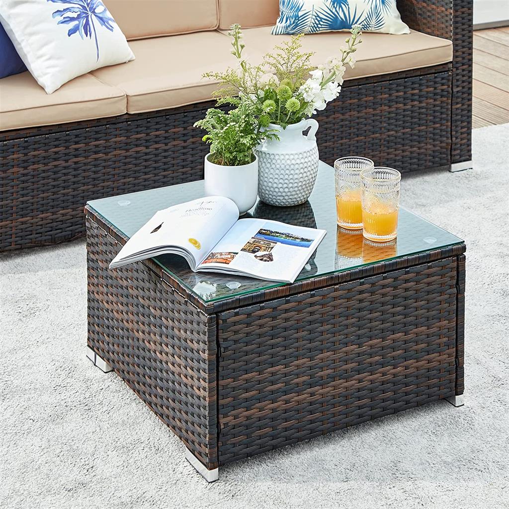 Garden Furniture Set – PE Rattan – Black and Beige – 5-Piece Patio Conversation Set with Cushions and Glass Table
