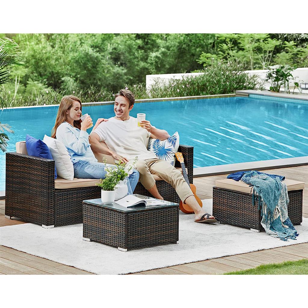 Garden Furniture Set – PE Rattan – Black and Beige – 5-Piece Patio Conversation Set with Cushions and Glass Table