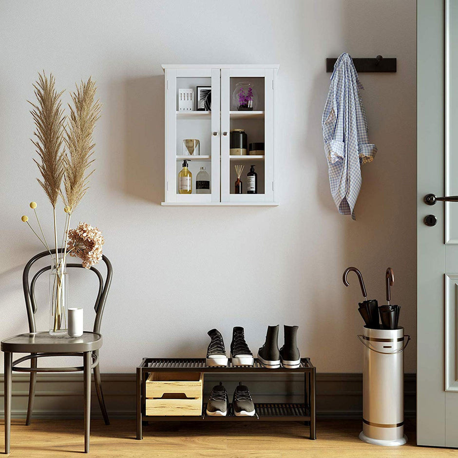 Wall Cabinet – Wooden – White – Glass Door with Adjustable Shelves