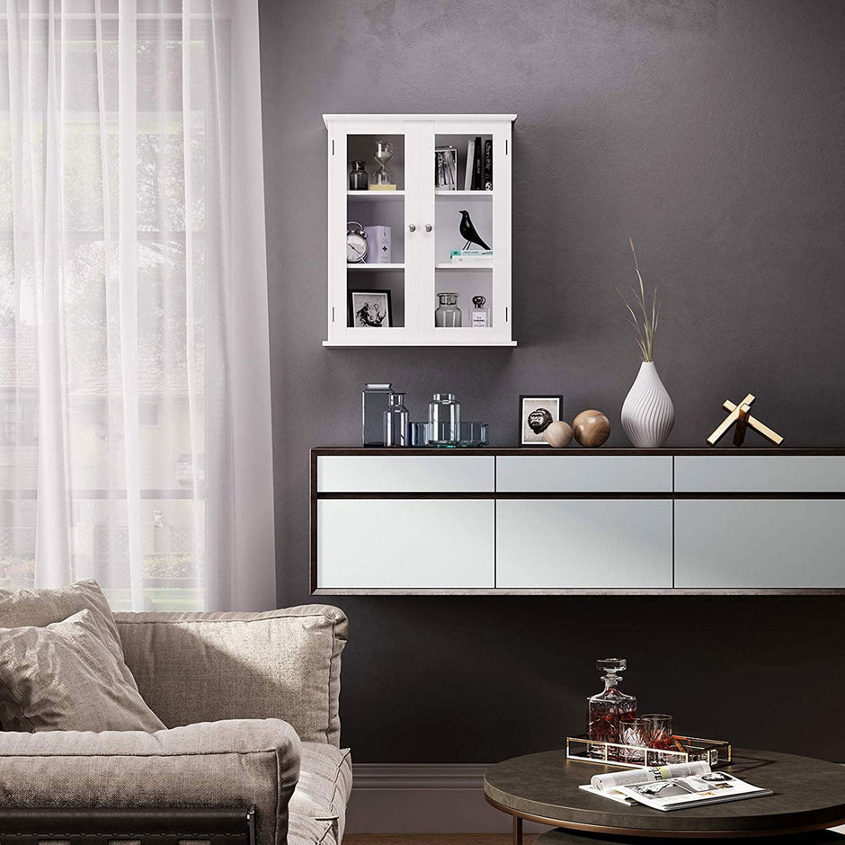 Wall Cabinet – Wooden – White – Glass Door with Adjustable Shelves