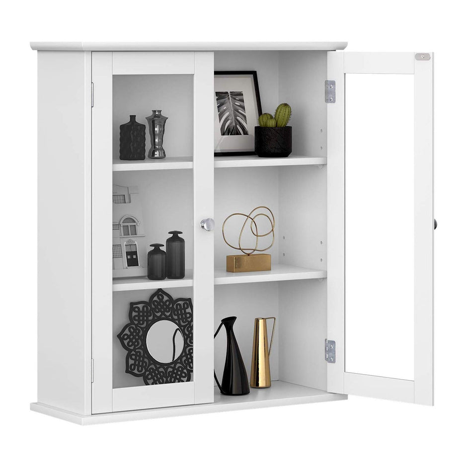 Wall Cabinet – Wooden – White – Glass Door with Adjustable Shelves
