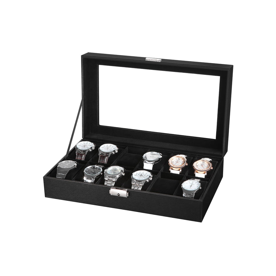 Watch Box – Faux Leather – Black – 12-Slot with Glass Lid and Velvet Lining