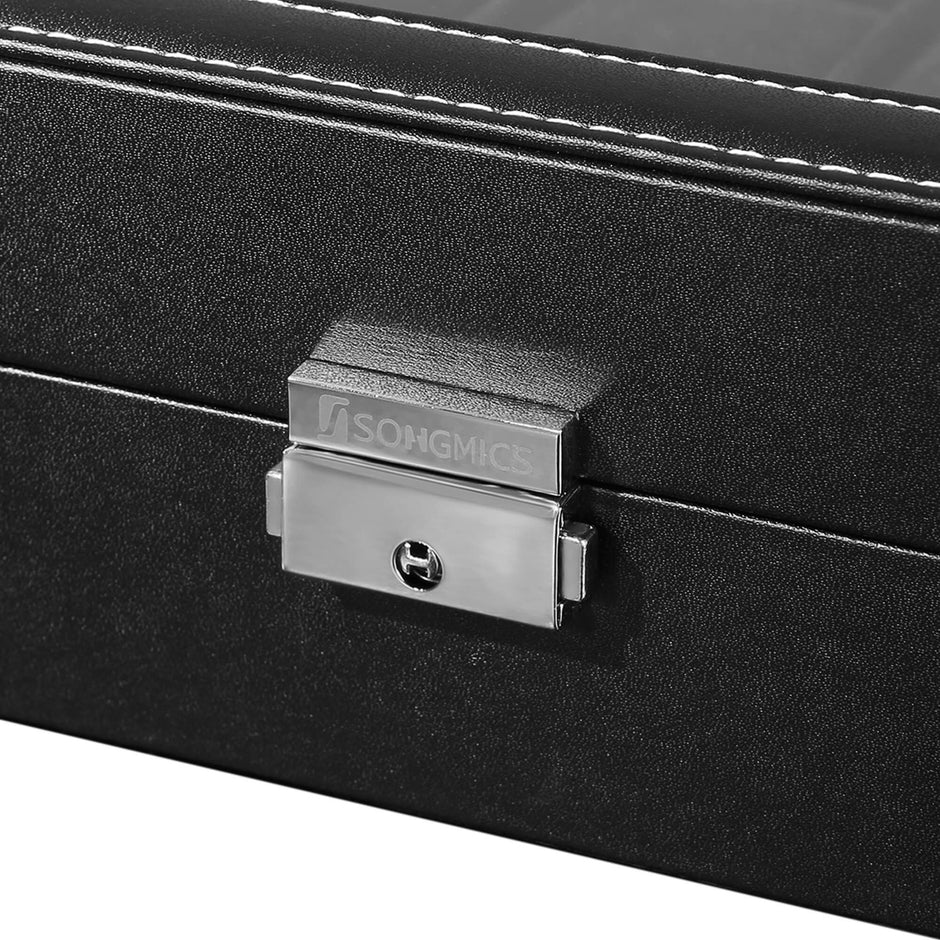 Watch Box – Faux Leather – Black – 12-Slot with Glass Lid and Velvet Lining