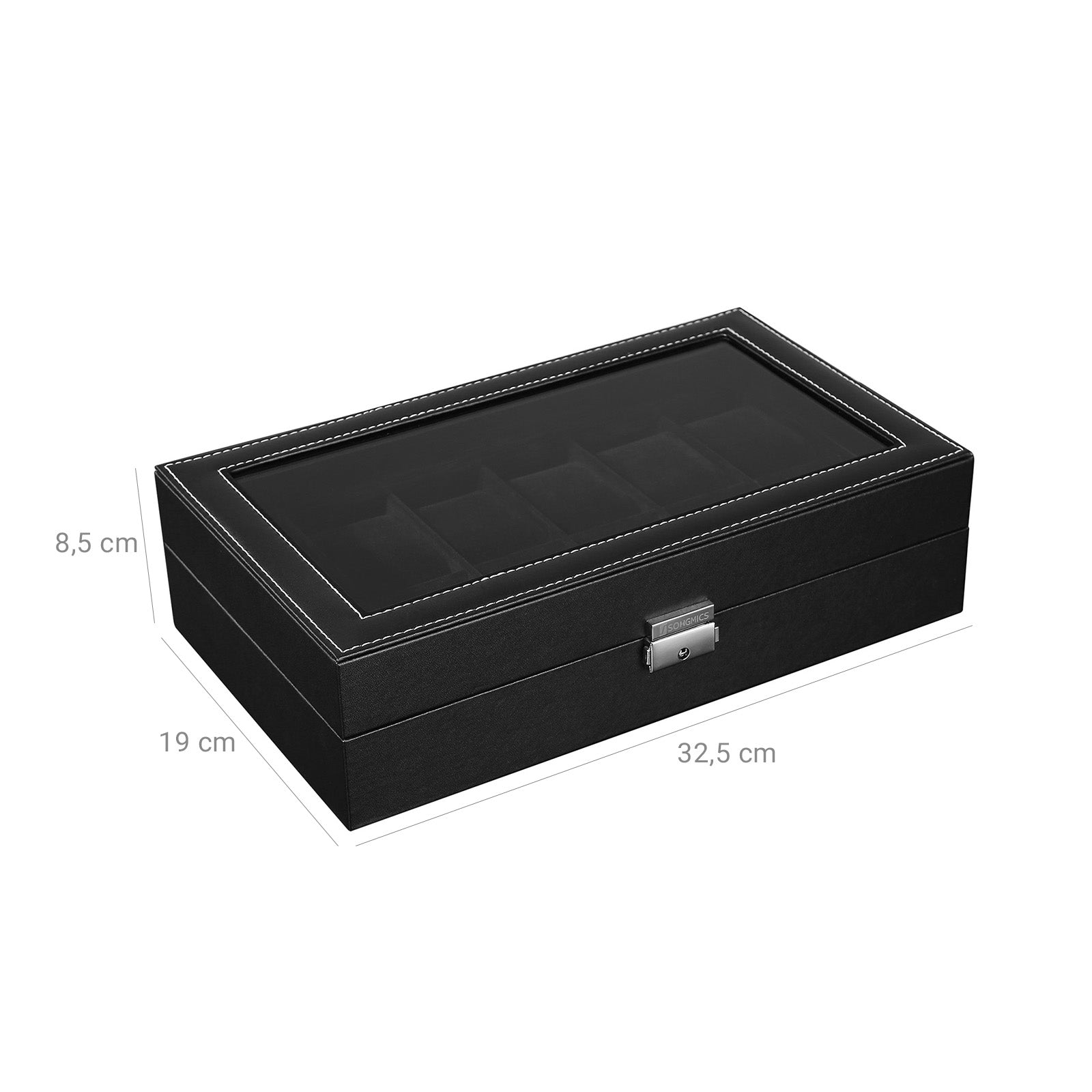 Watch Box – Faux Leather – Black – 12-Slot with Glass Lid and Velvet Lining