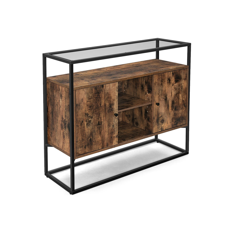 Storage Cabinet – Tempered Glass & Steel – Rustic Brown and Black – Open Compartments