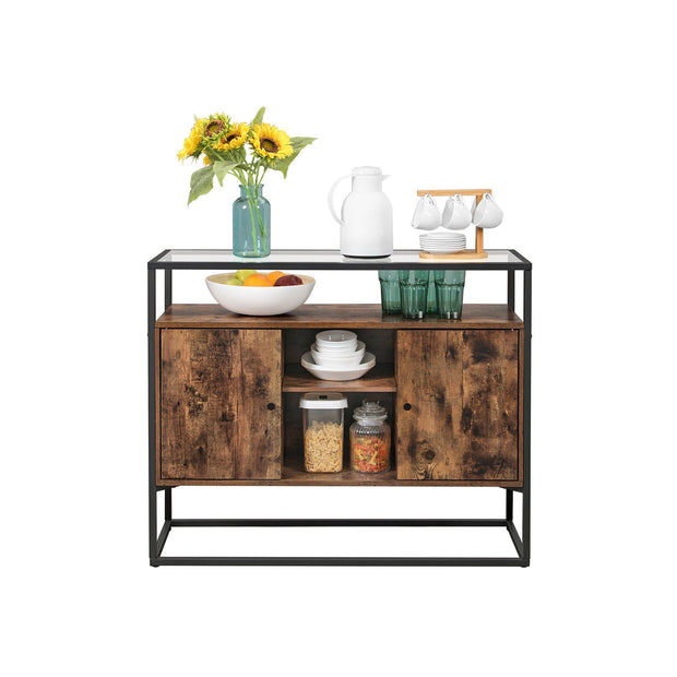 Storage Cabinet – Tempered Glass & Steel – Rustic Brown and Black – Open Compartments