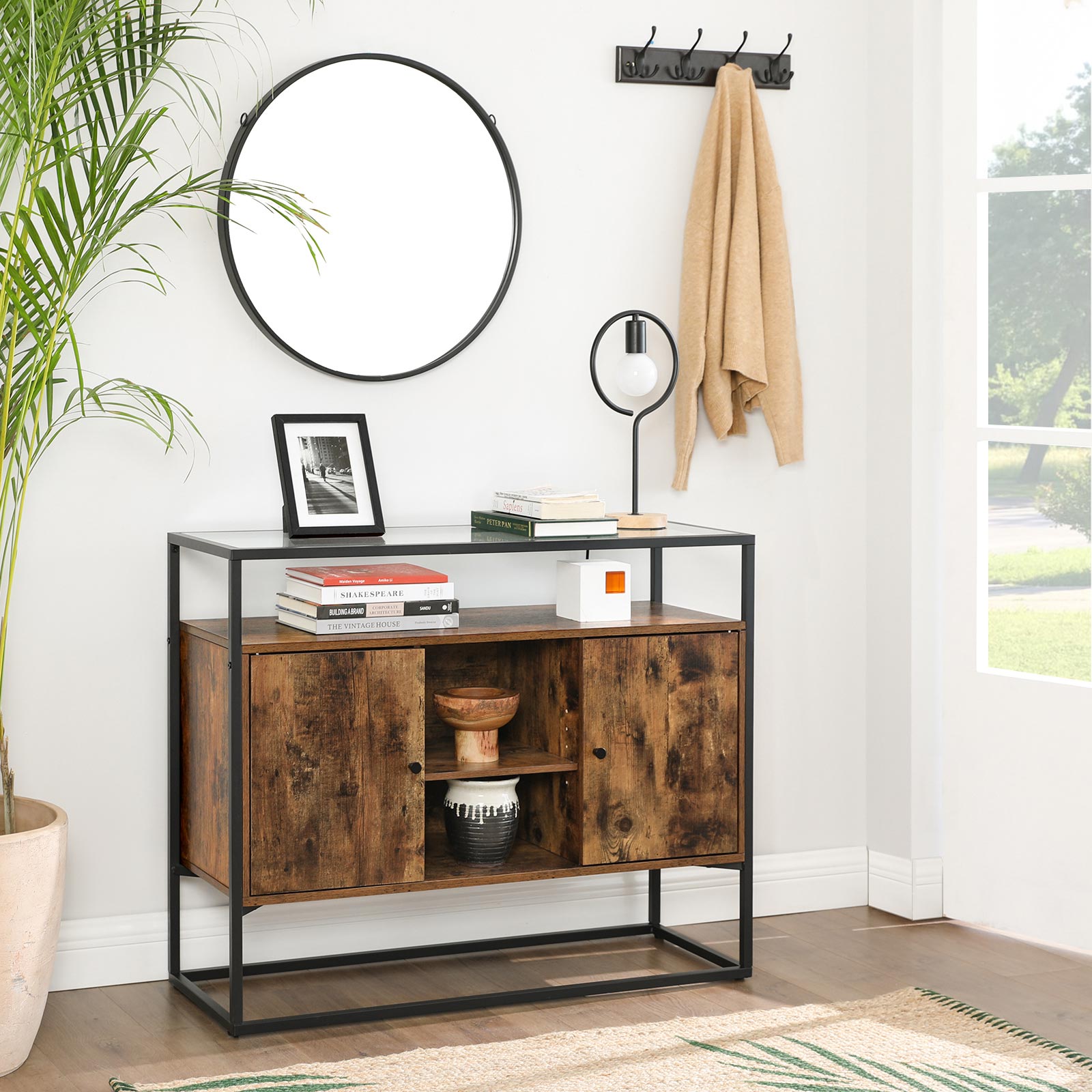 Storage Cabinet – Tempered Glass & Steel – Rustic Brown and Black – Open Compartments