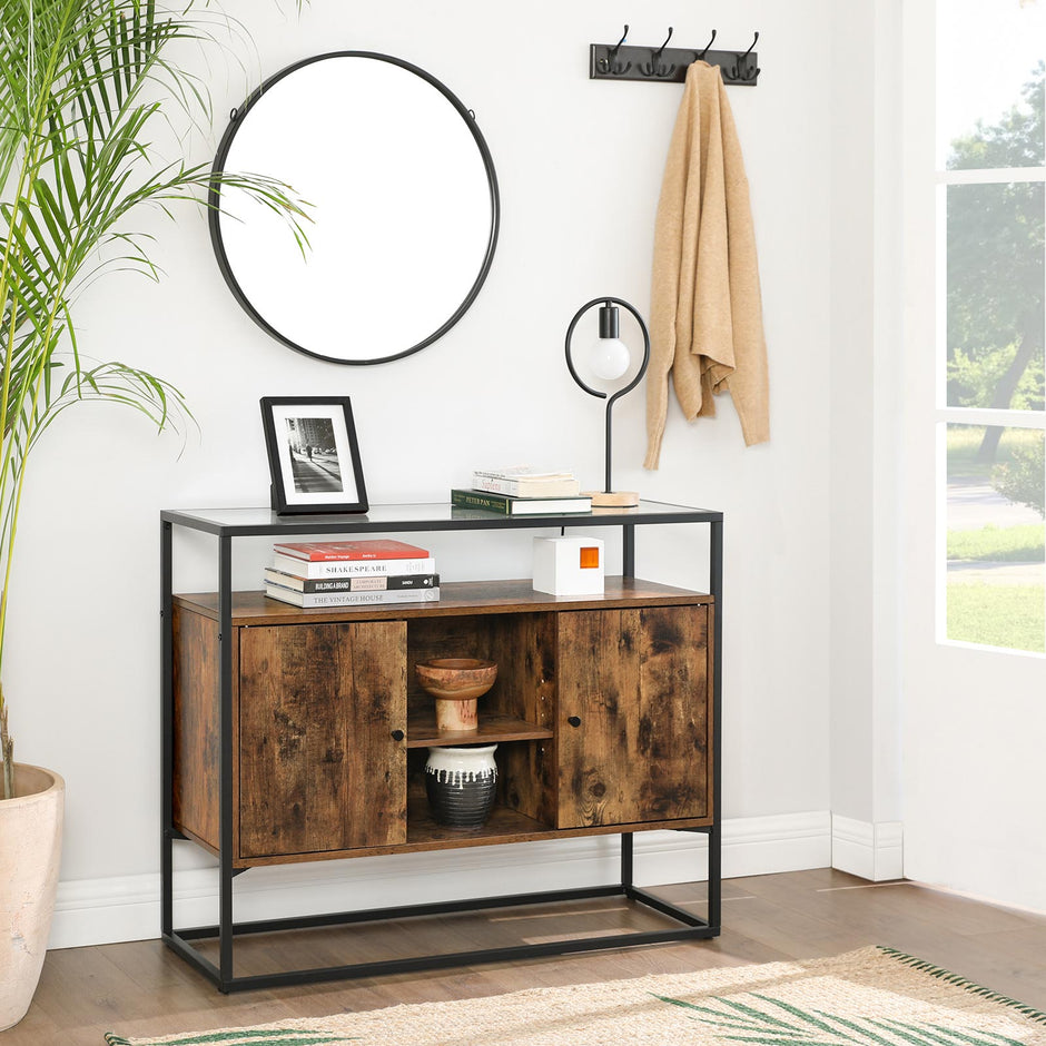 Storage Cabinet – Tempered Glass & Steel – Rustic Brown and Black – Open Compartments