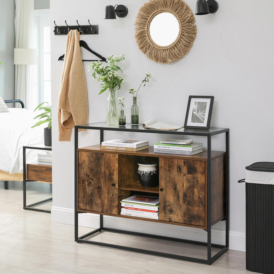Storage Cabinet – Tempered Glass & Steel – Rustic Brown and Black – Open Compartments