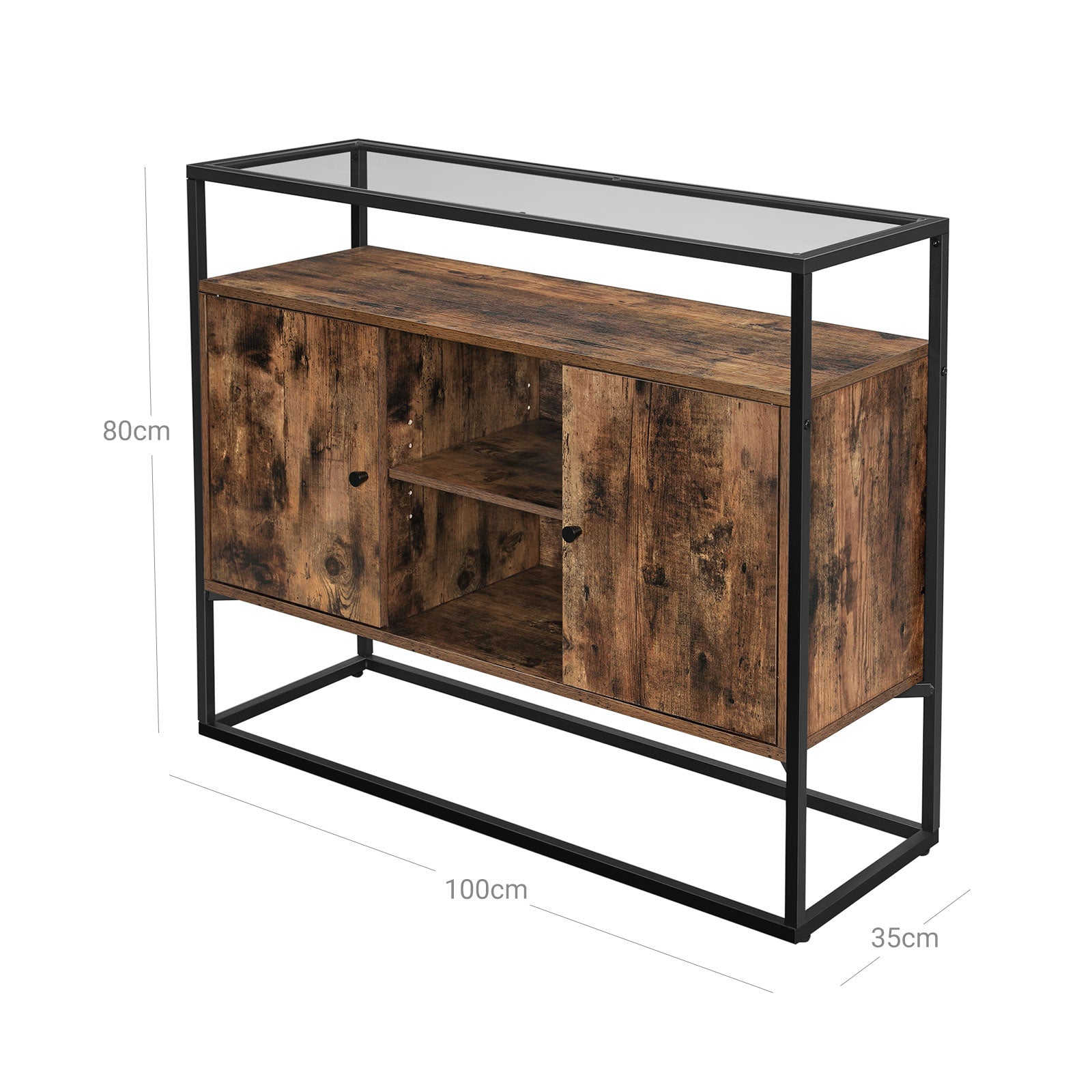 Storage Cabinet – Tempered Glass & Steel – Rustic Brown and Black – Open Compartments