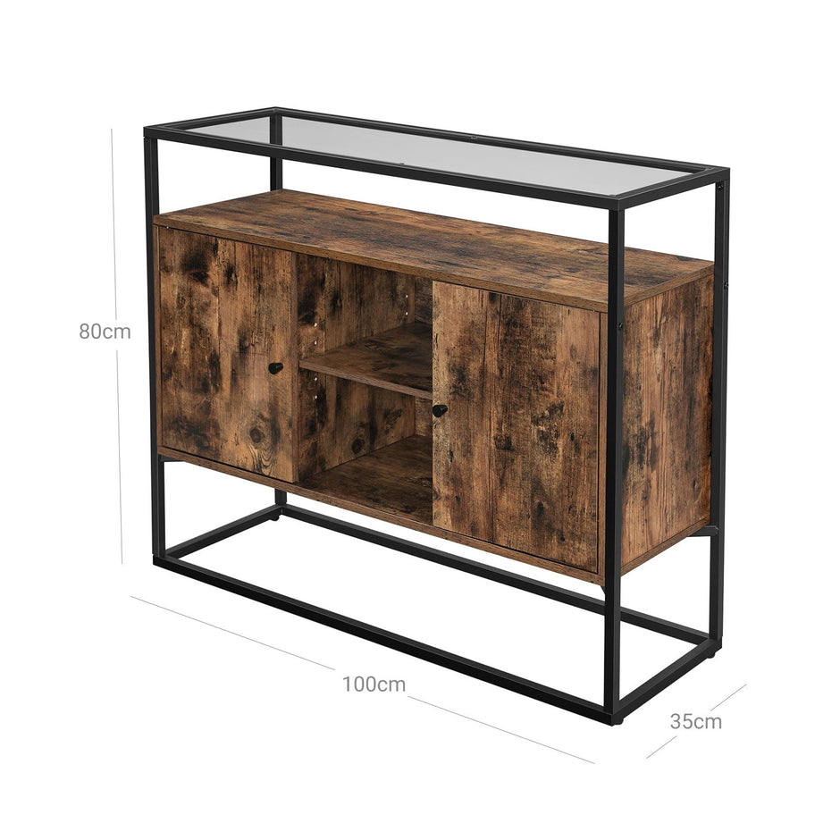 Storage Cabinet – Tempered Glass & Steel – Rustic Brown and Black – Open Compartments