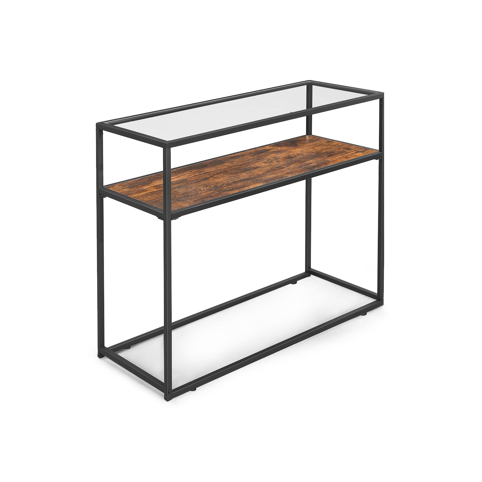 Console Table – Tempered Glass – Rustic Brown and Black – Industrial Style with Robust Steel Frame