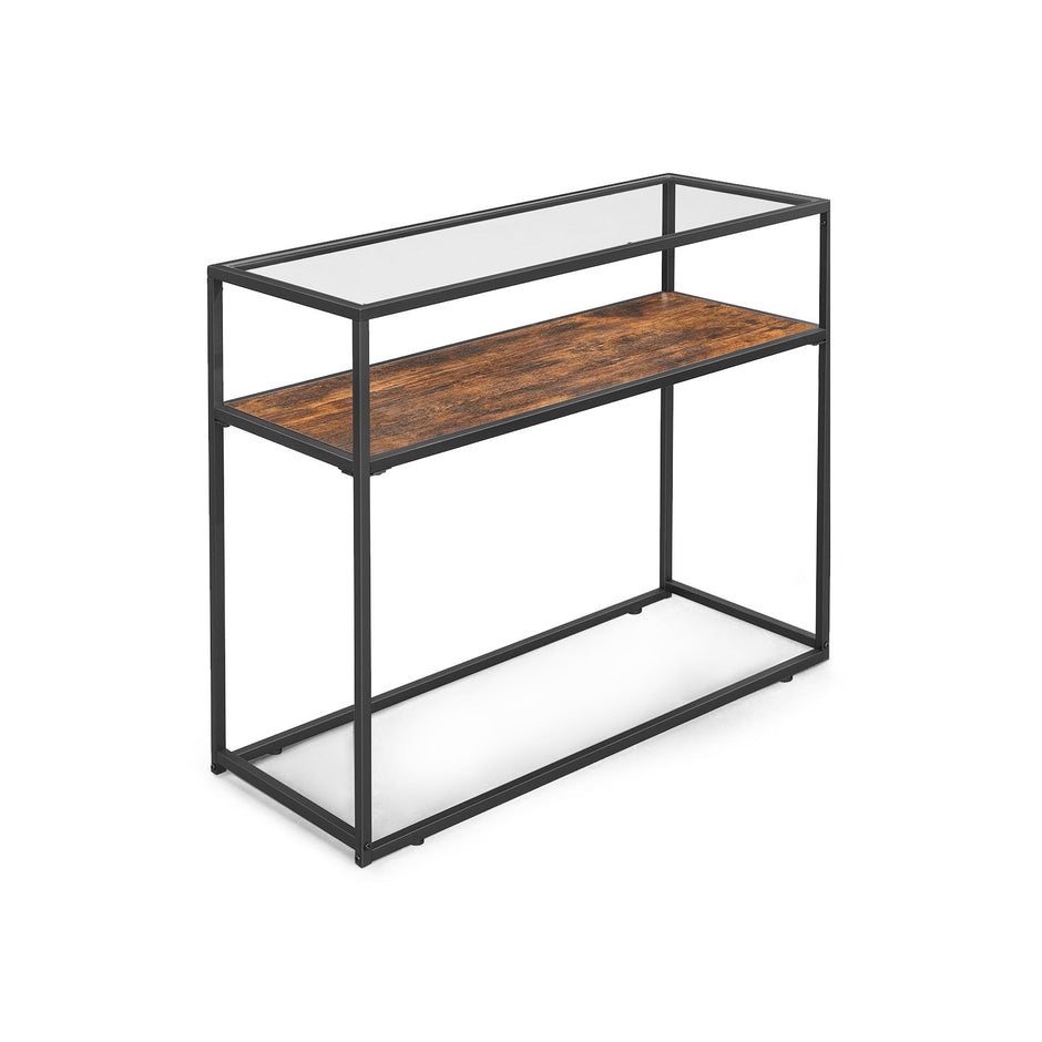 Console Table – Tempered Glass – Rustic Brown and Black – Industrial Style with Robust Steel Frame