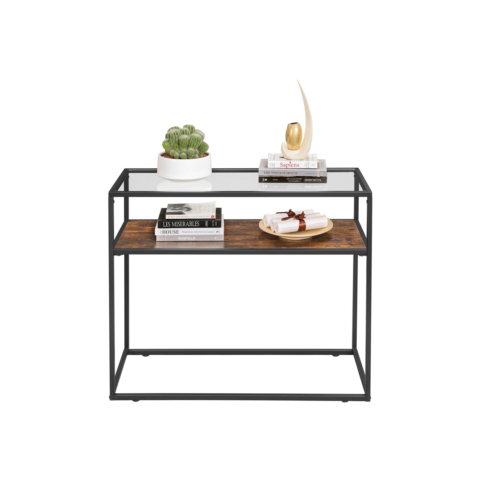 Console Table – Tempered Glass – Rustic Brown and Black – Industrial Style with Robust Steel Frame