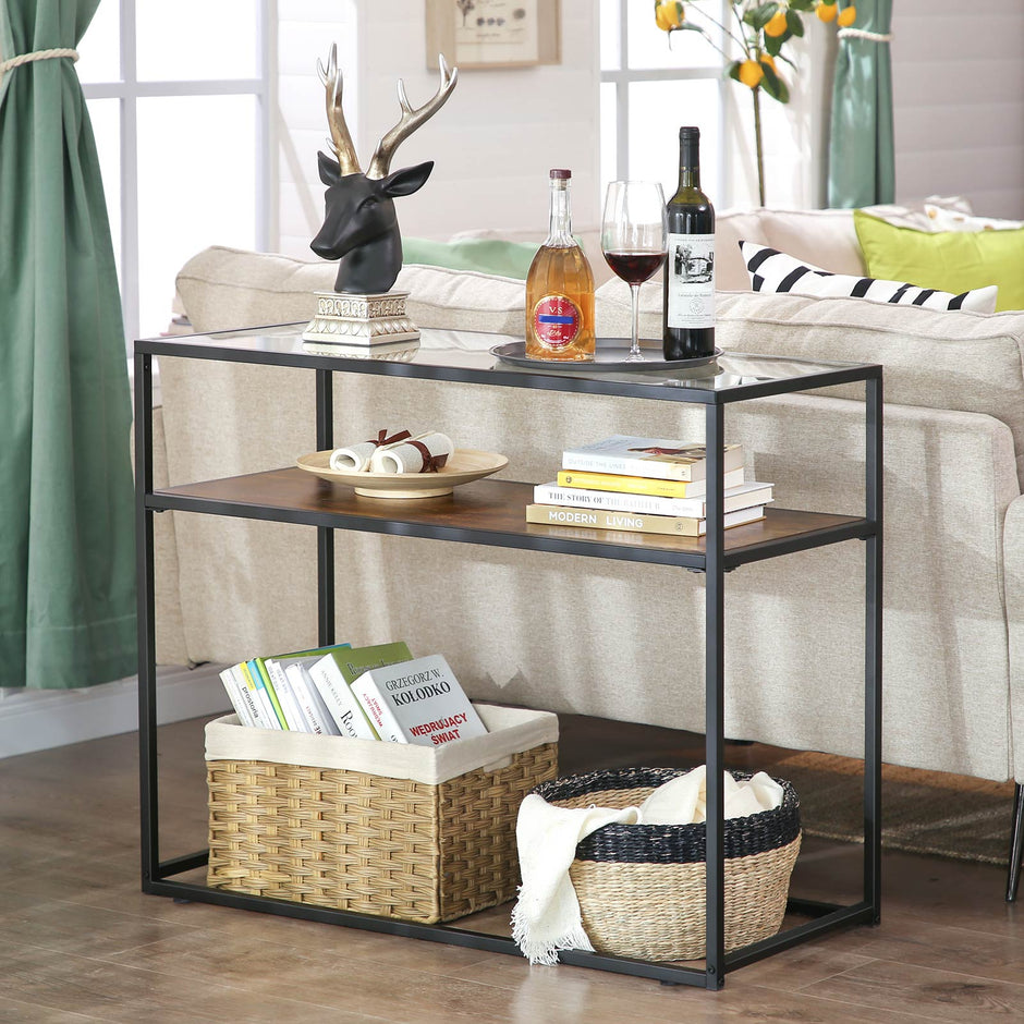 Console Table – Tempered Glass – Rustic Brown and Black – Industrial Style with Robust Steel Frame