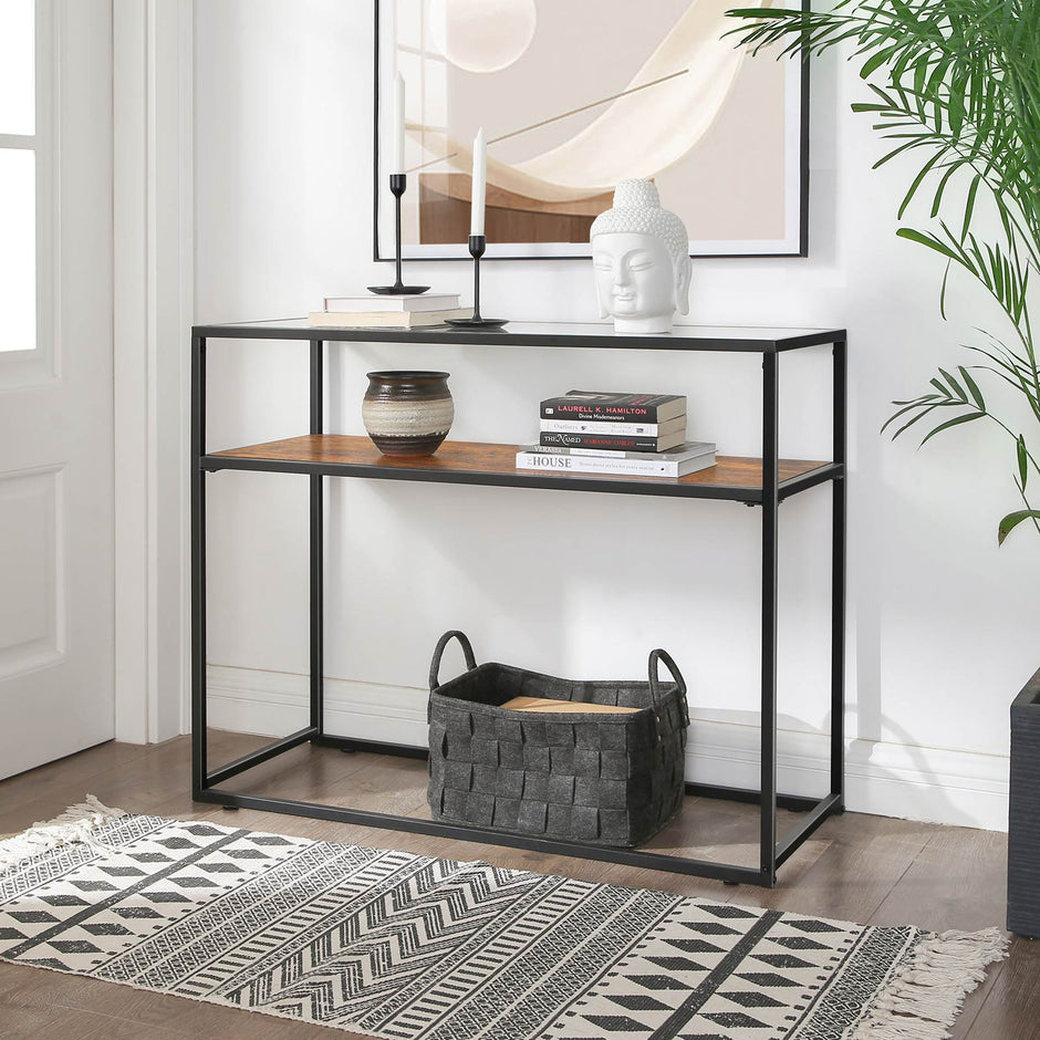 Console Table – Tempered Glass – Rustic Brown and Black – Industrial Style with Robust Steel Frame