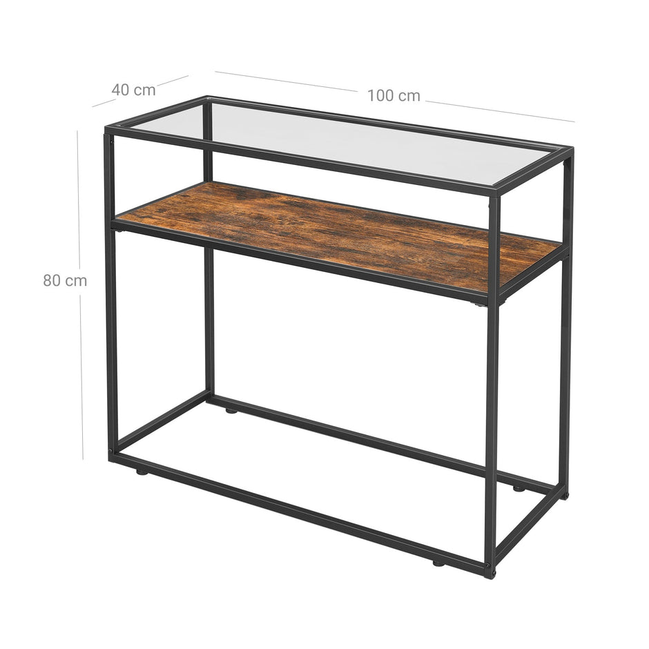 Console Table – Tempered Glass – Rustic Brown and Black – Industrial Style with Robust Steel Frame