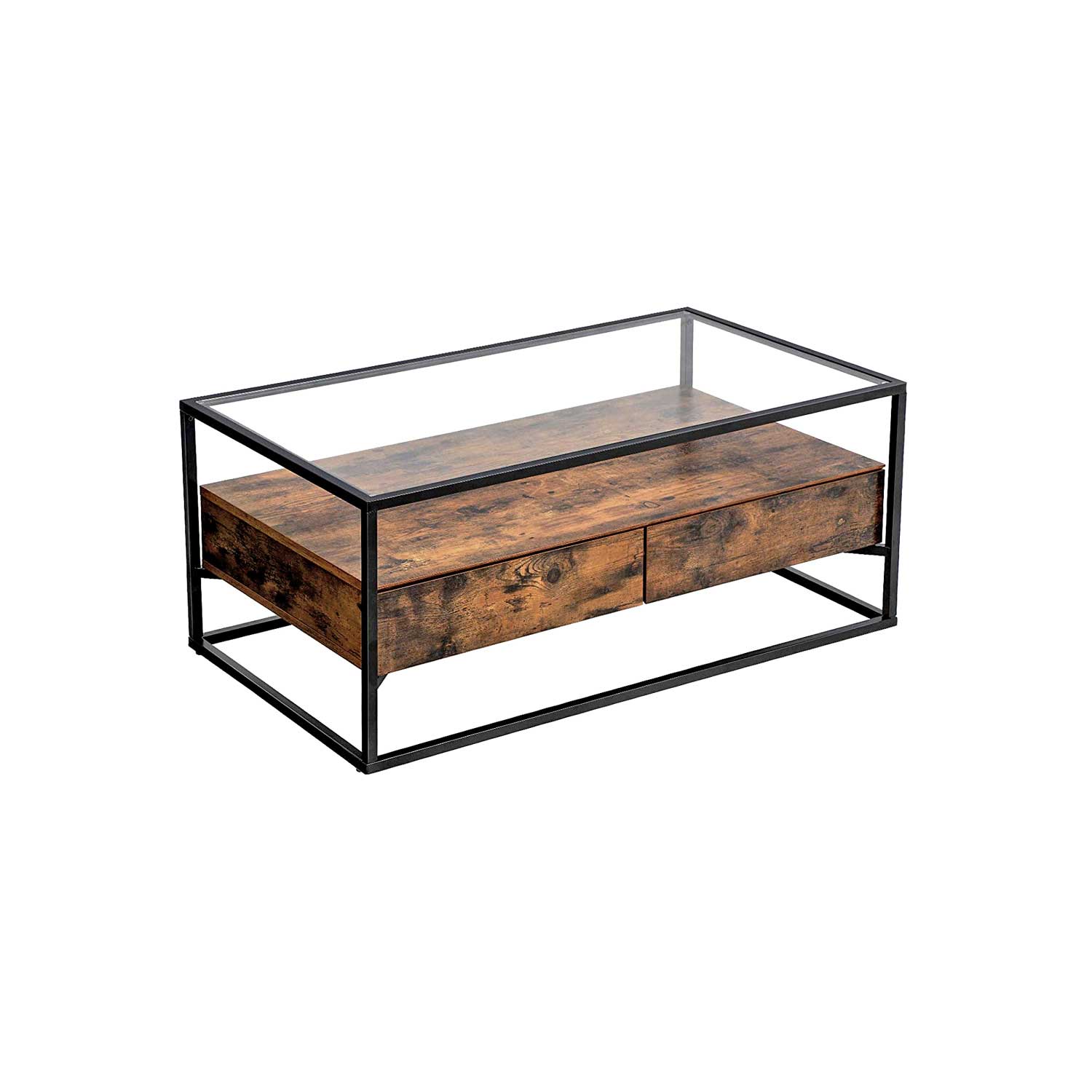 Coffee Table – Tempered Glass – Rustic Brown – With 2 Drawers and Industrial Shelf