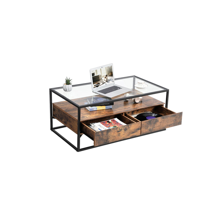 Coffee Table – Tempered Glass – Rustic Brown – With 2 Drawers and Industrial Shelf
