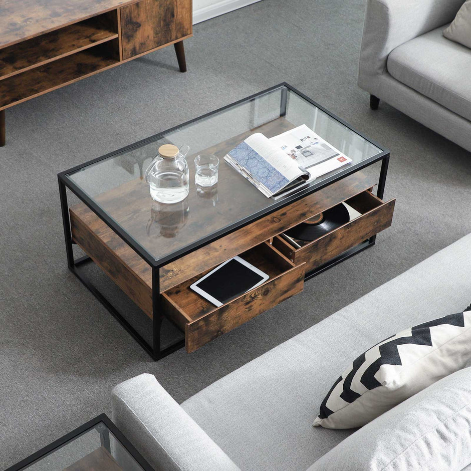 Coffee Table – Tempered Glass – Rustic Brown – With 2 Drawers and Industrial Shelf