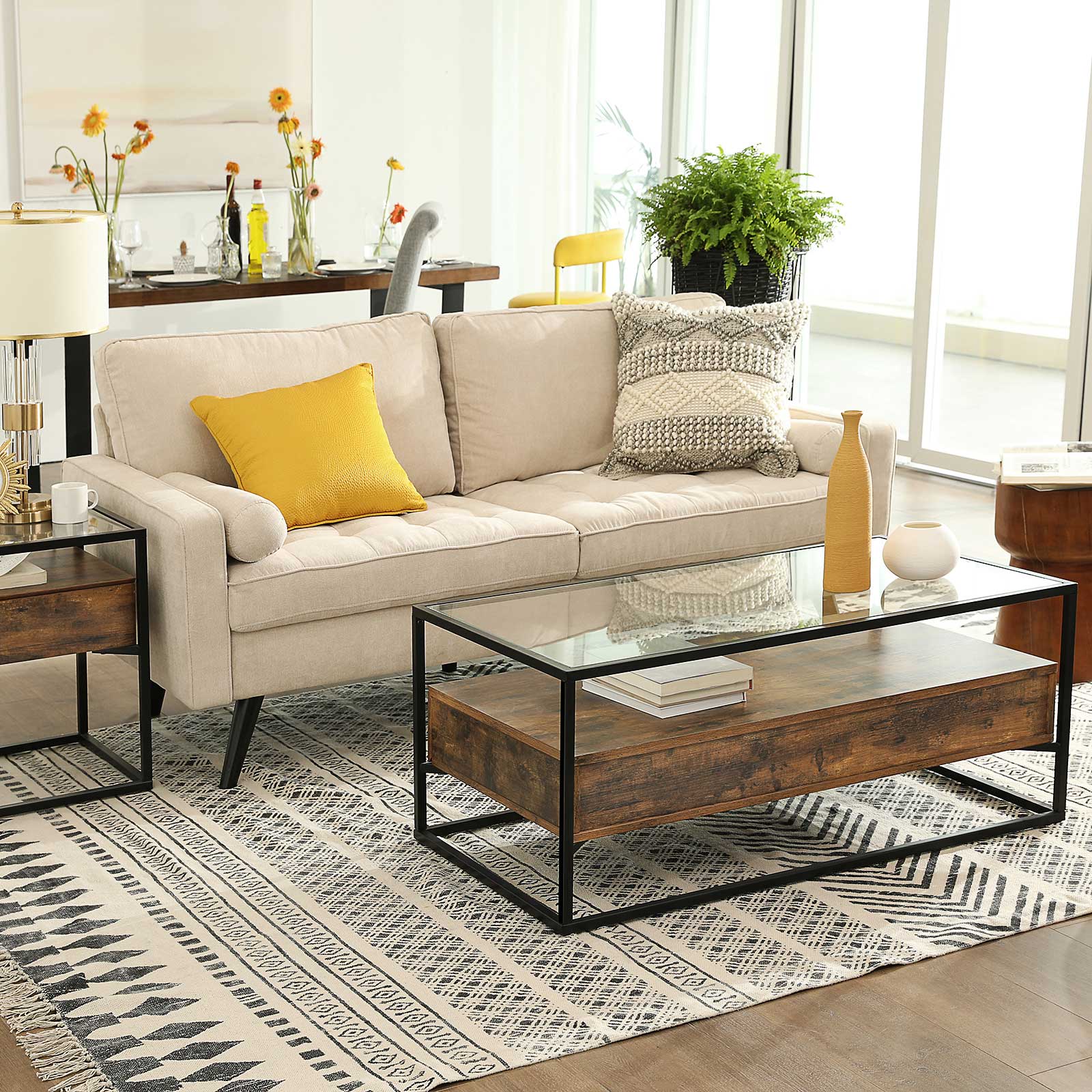 Coffee Table – Tempered Glass – Rustic Brown – With 2 Drawers and Industrial Shelf