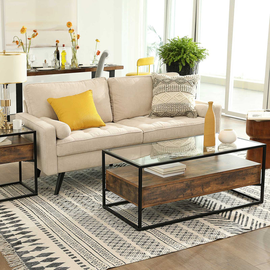 Coffee Table – Tempered Glass – Rustic Brown – With 2 Drawers and Industrial Shelf