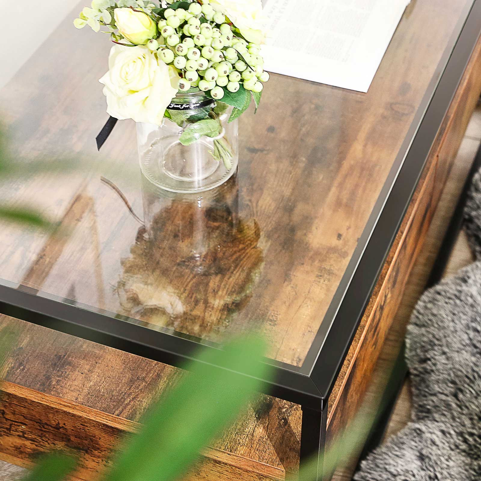 Coffee Table – Tempered Glass – Rustic Brown – With 2 Drawers and Industrial Shelf