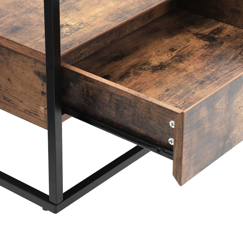 Coffee Table – Tempered Glass – Rustic Brown – With 2 Drawers and Industrial Shelf