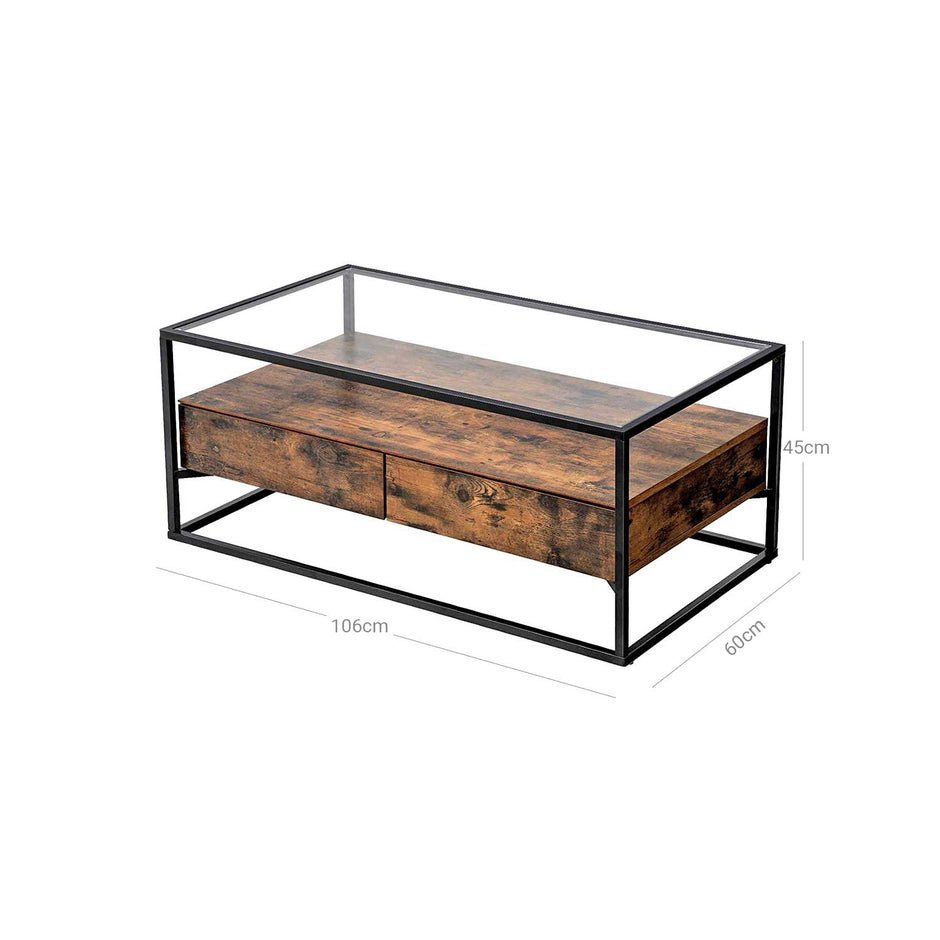Coffee Table – Tempered Glass – Rustic Brown – With 2 Drawers and Industrial Shelf