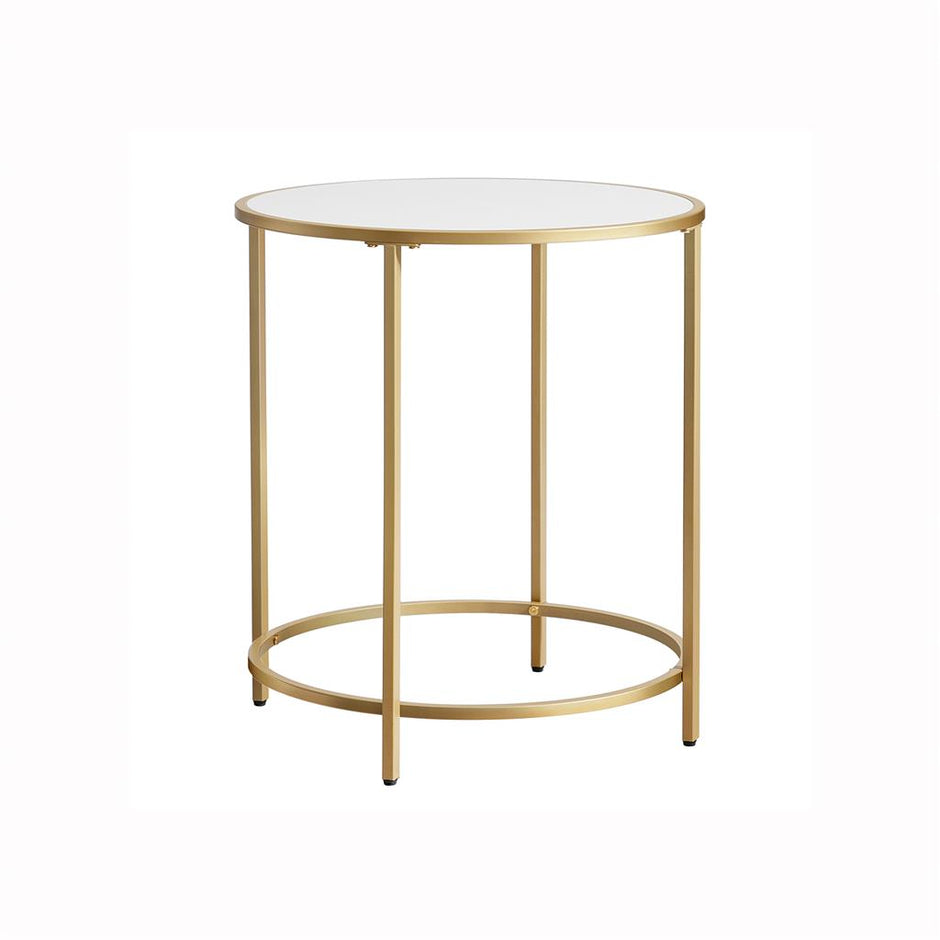 Round Side Table – Wooden Top – Gold and White – Modern Design with Easy Assembly