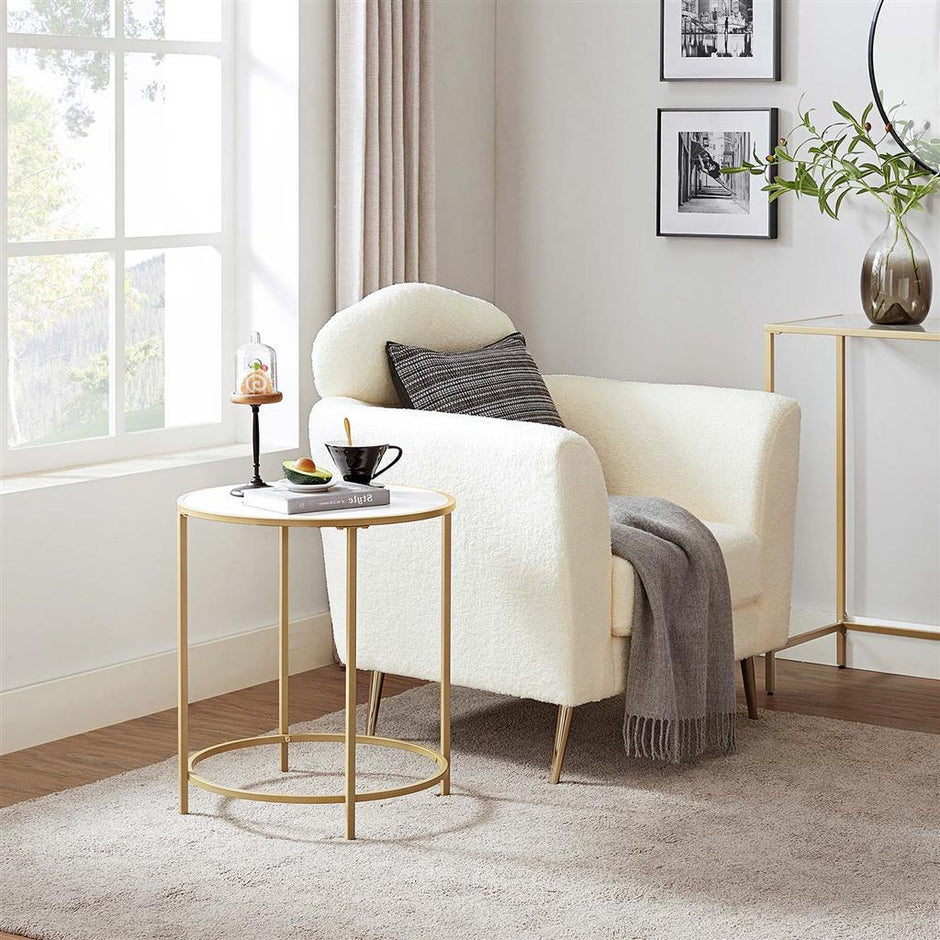Round Side Table – Wooden Top – Gold and White – Modern Design with Easy Assembly