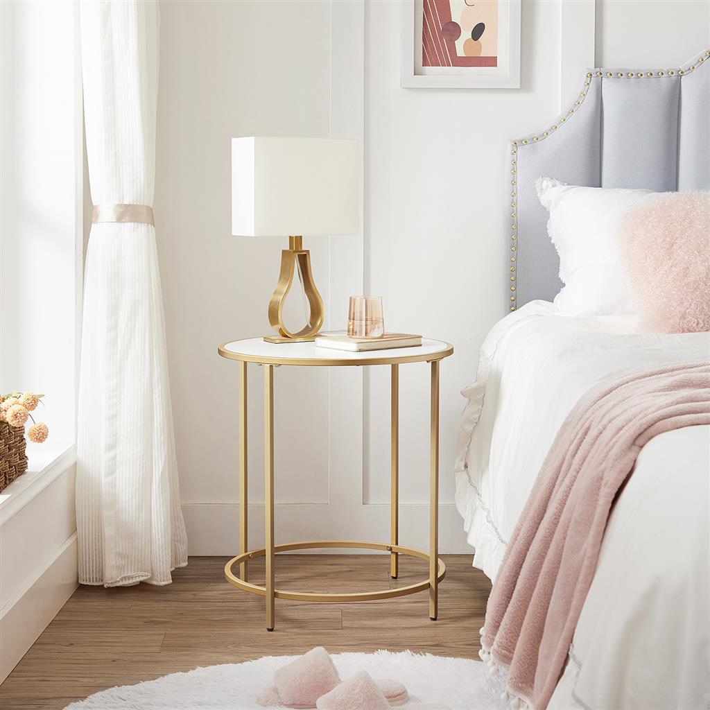 Round Side Table – Wooden Top – Gold and White – Modern Design with Easy Assembly