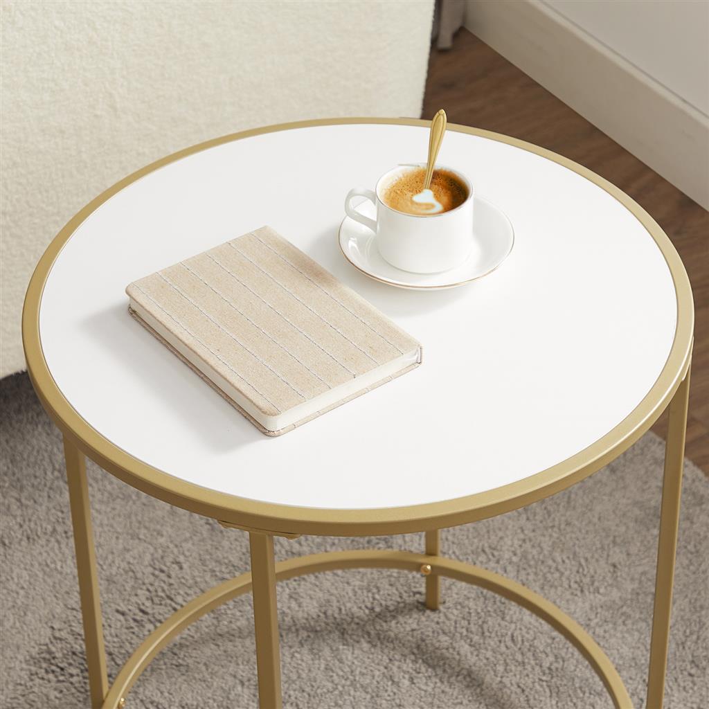 Round Side Table – Wooden Top – Gold and White – Modern Design with Easy Assembly