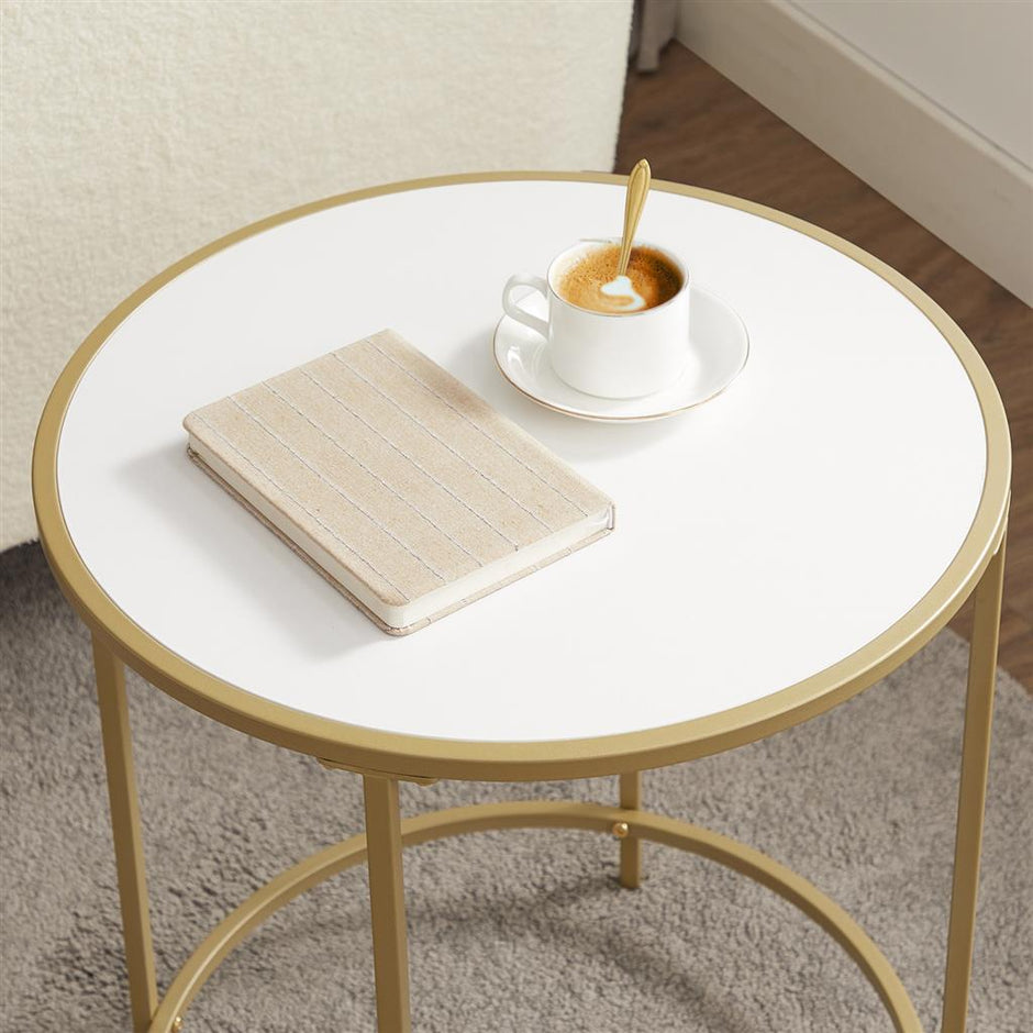 Round Side Table – Wooden Top – Gold and White – Modern Design with Easy Assembly