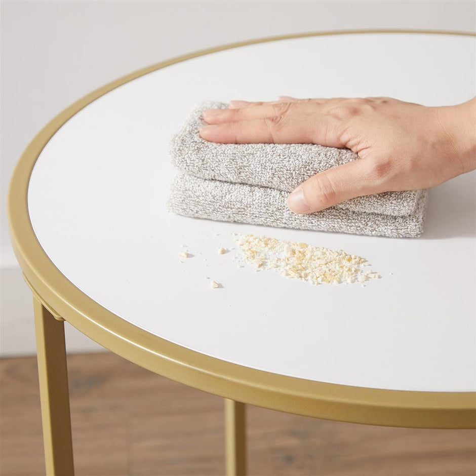 Round Side Table – Wooden Top – Gold and White – Modern Design with Easy Assembly