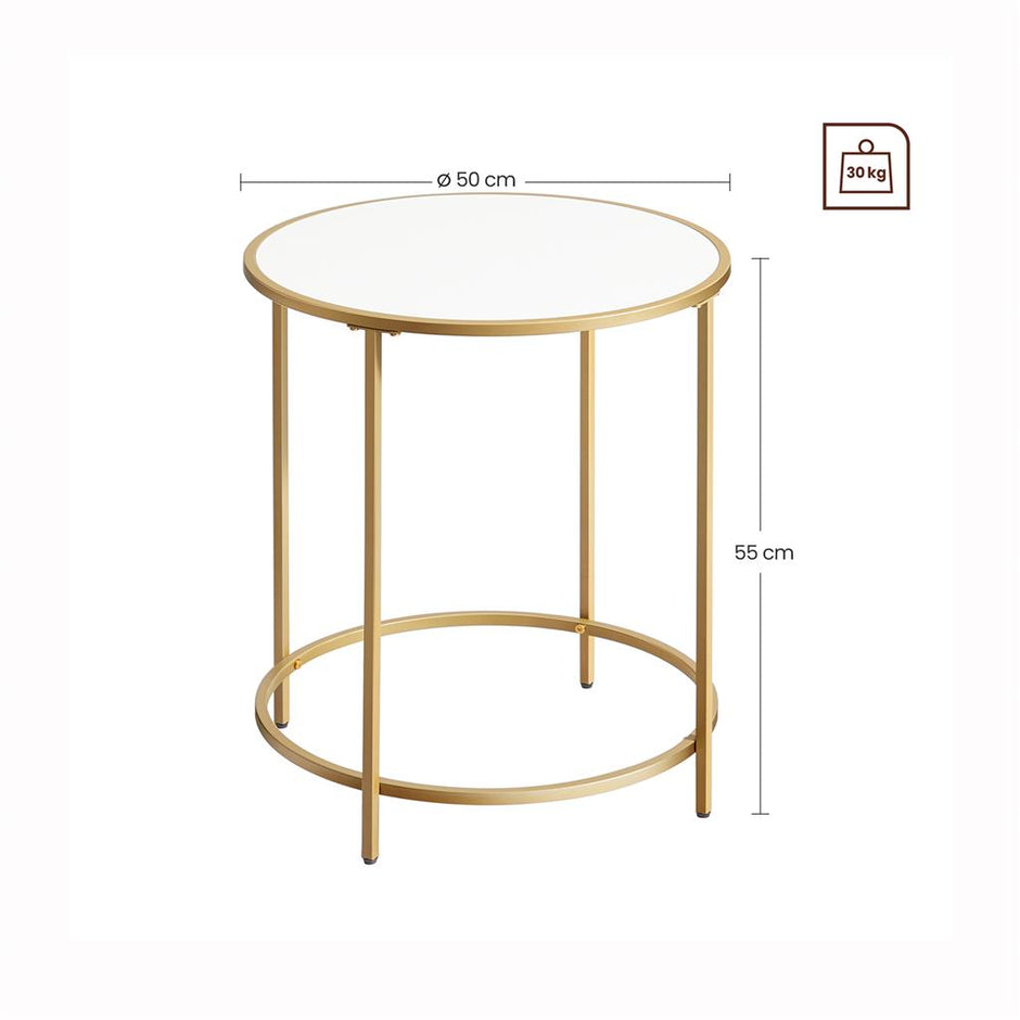 Round Side Table – Wooden Top – Gold and White – Modern Design with Easy Assembly