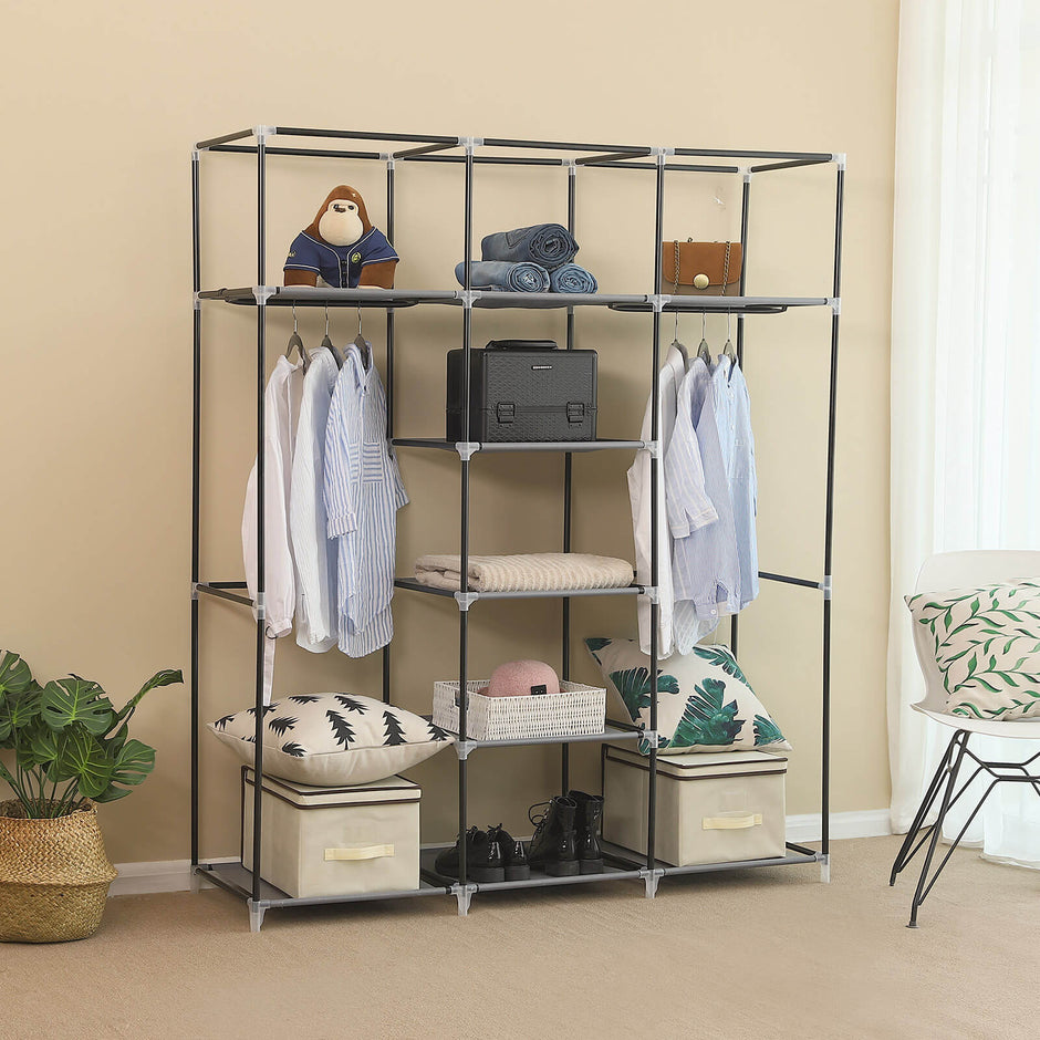 Canvas Wardrobe – Beige – Space-saving Design with Hanging Rail and Storage Shelves