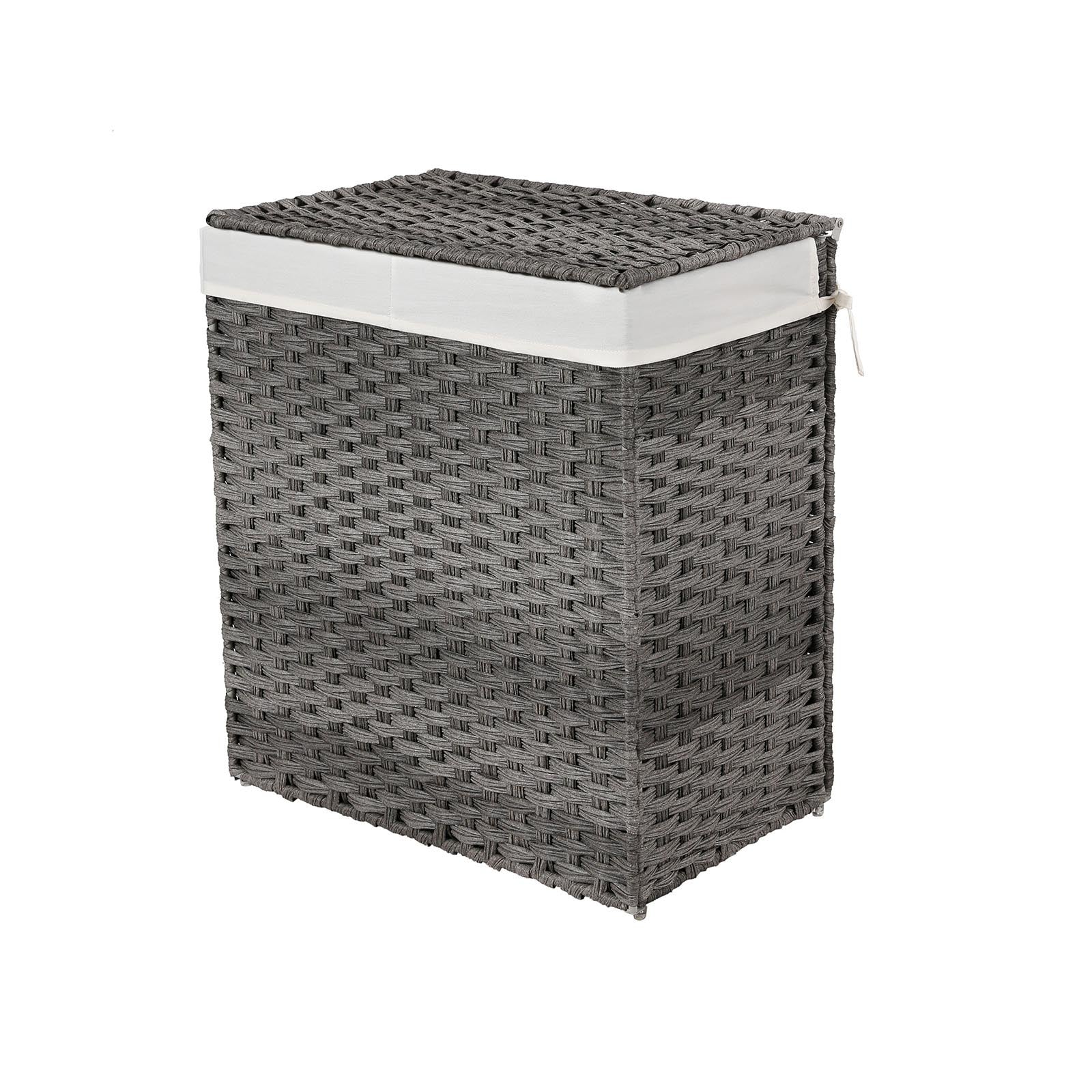 Handwoven Laundry Hamper – Synthetic Rattan – Gray – Divided Design with Lid and Handles