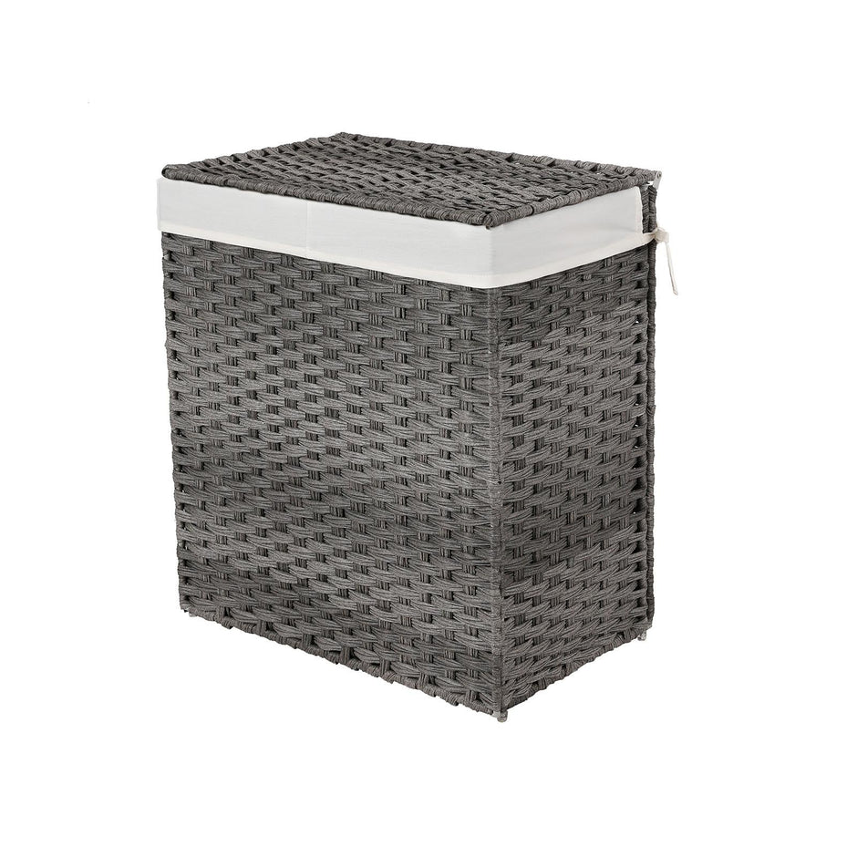 Handwoven Laundry Hamper – Synthetic Rattan – Gray – Divided Design with Lid and Handles