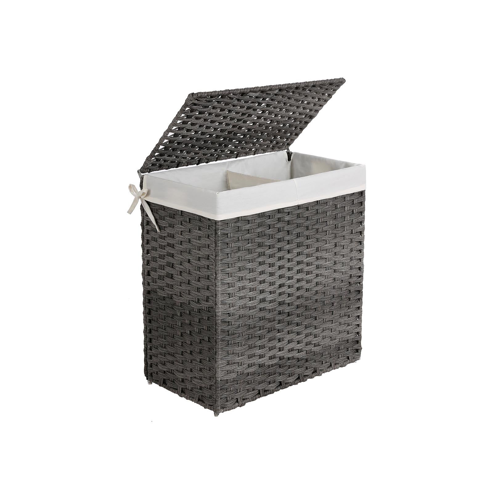 Handwoven Laundry Hamper – Synthetic Rattan – Gray – Divided Design with Lid and Handles