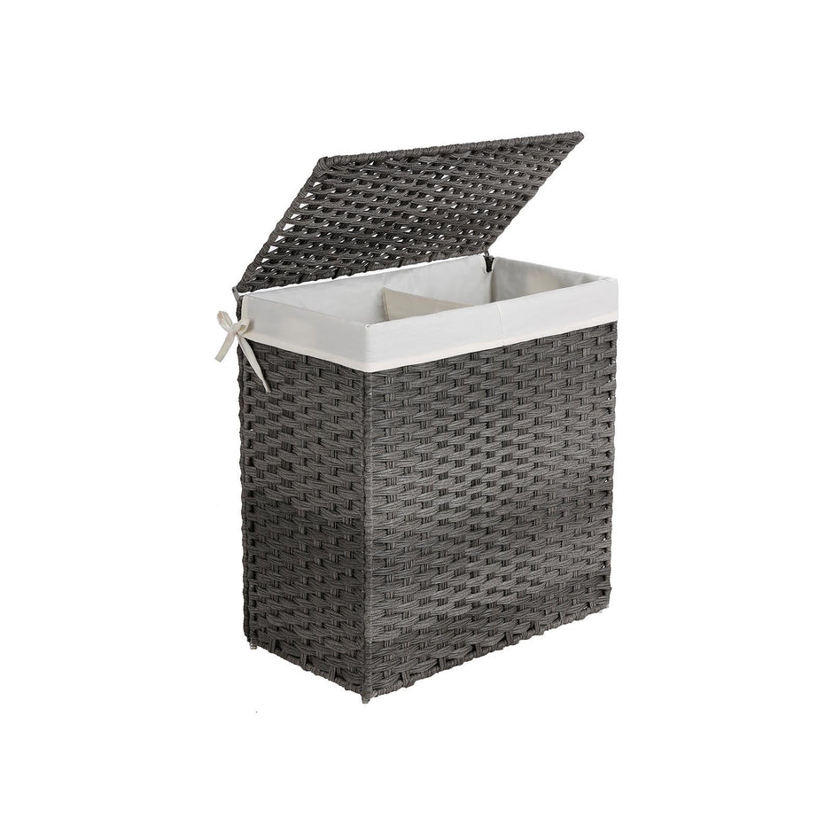 Handwoven Laundry Hamper – Synthetic Rattan – Gray – Divided Design with Lid and Handles