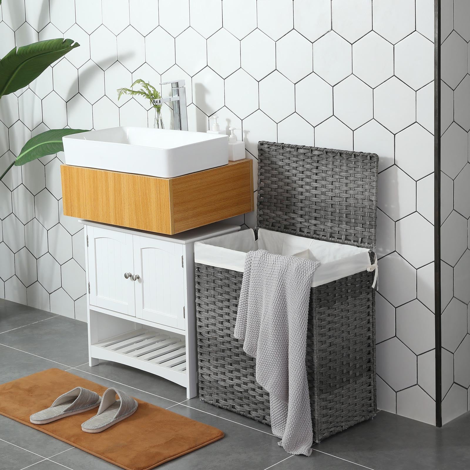 Handwoven Laundry Hamper – Synthetic Rattan – Gray – Divided Design with Lid and Handles