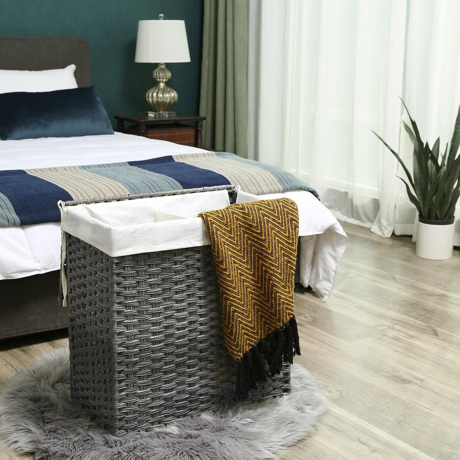 Handwoven Laundry Hamper – Synthetic Rattan – Gray – Divided Design with Lid and Handles