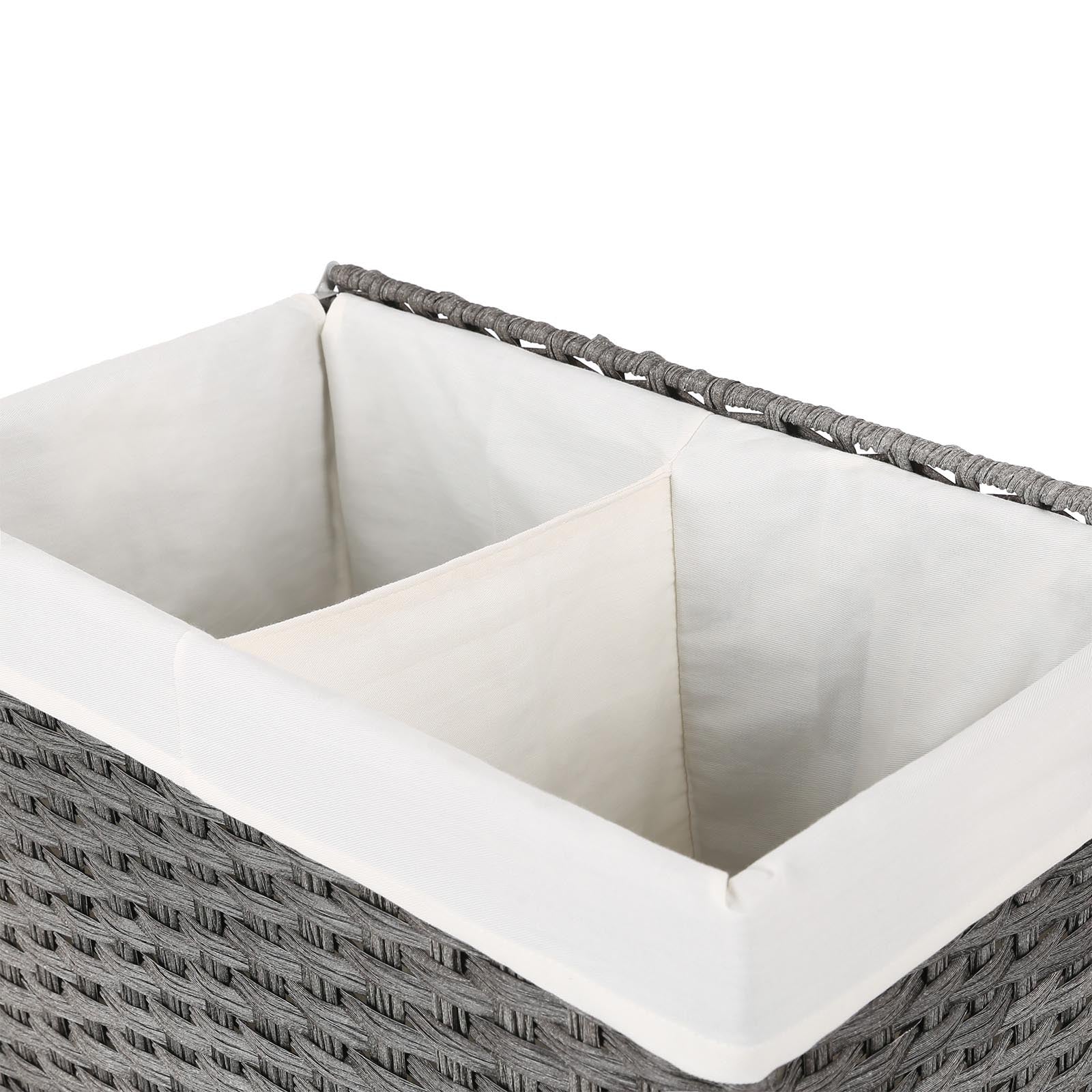 Handwoven Laundry Hamper – Synthetic Rattan – Gray – Divided Design with Lid and Handles