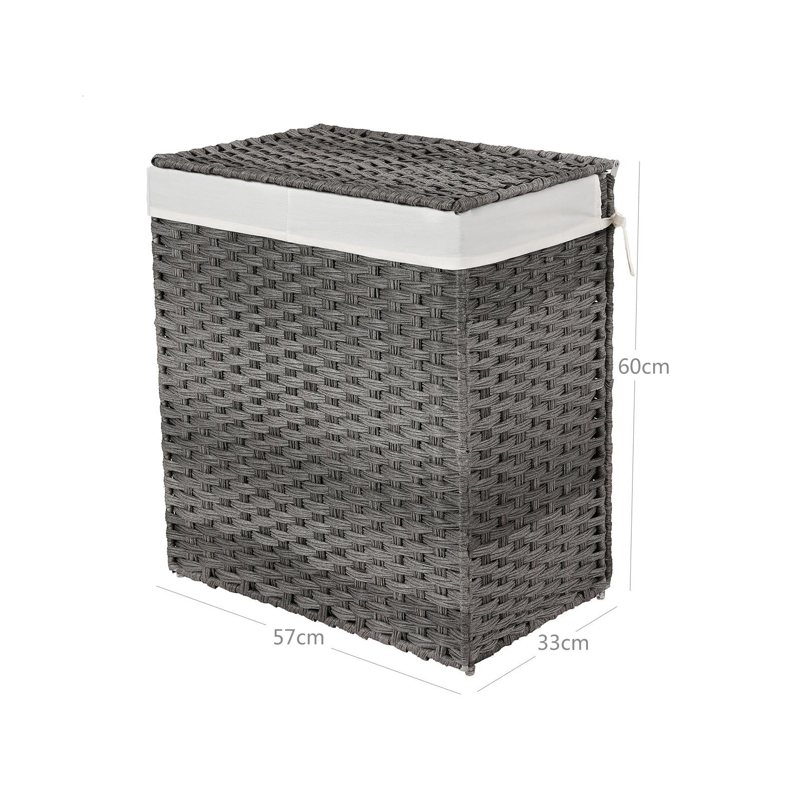 Handwoven Laundry Hamper – Synthetic Rattan – Gray – Divided Design with Lid and Handles