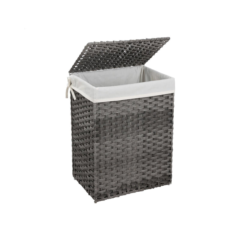 Laundry Basket – Synthetic Rattan – Gray – 90L Capacity with Lid and Removable Liner