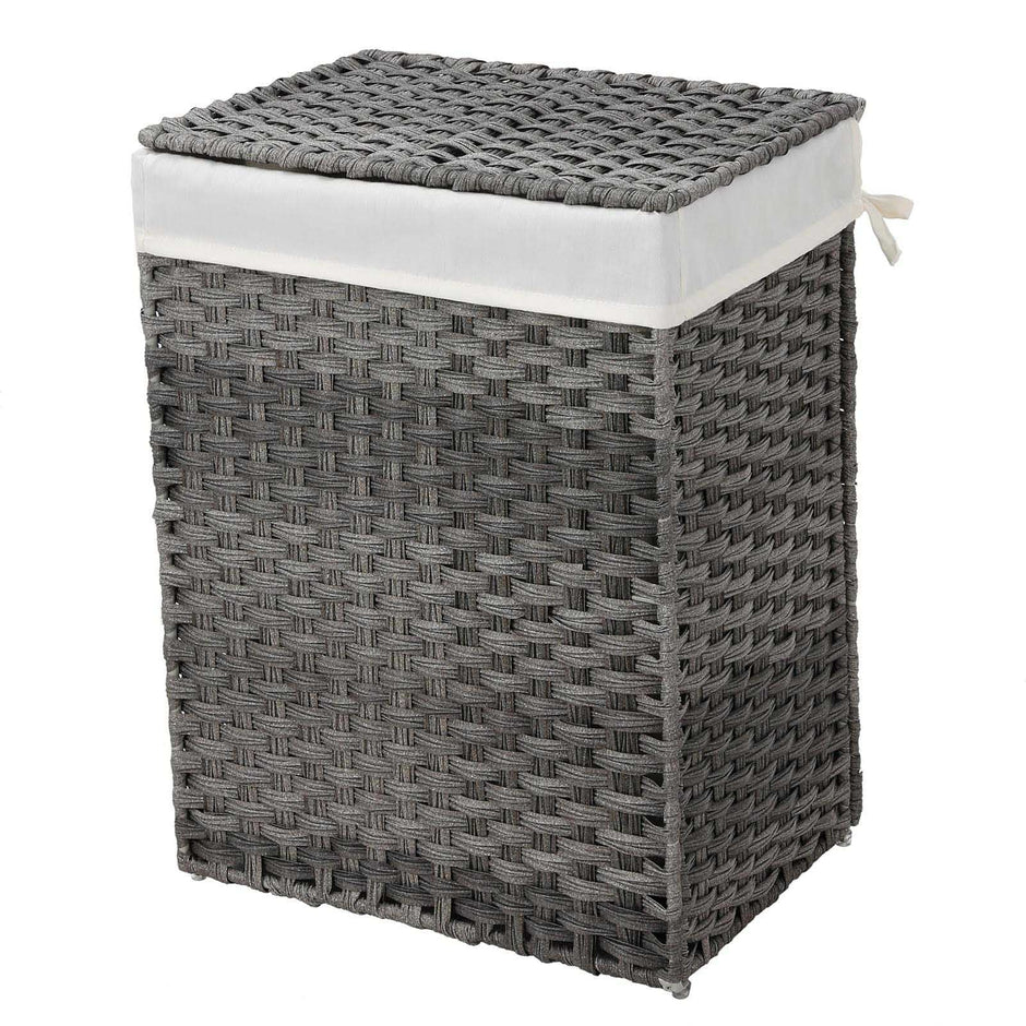 Laundry Basket – Synthetic Rattan – Gray – 90L Capacity with Lid and Removable Liner