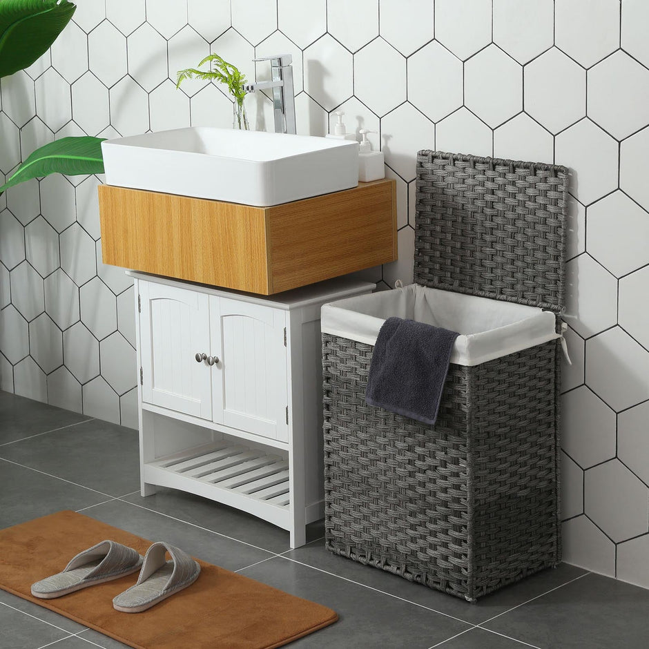 Laundry Basket – Synthetic Rattan – Gray – 90L Capacity with Lid and Removable Liner