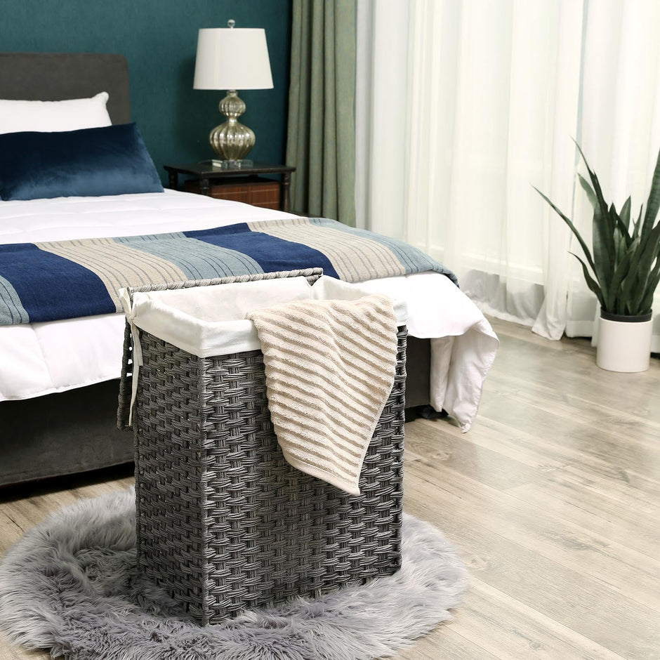 Laundry Basket – Synthetic Rattan – Gray – 90L Capacity with Lid and Removable Liner